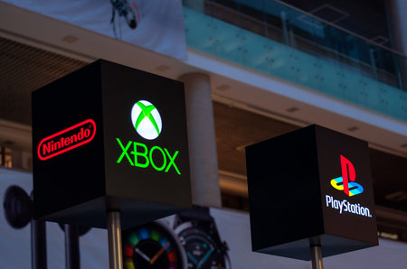 Minsk, Belarus - november 1, 2019 : Icon of xbox, playstation and nintendo on cubic black signs in...