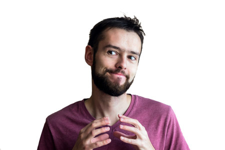 Young handsome man anticipating benefits. An emotion in anticipation of something good and...