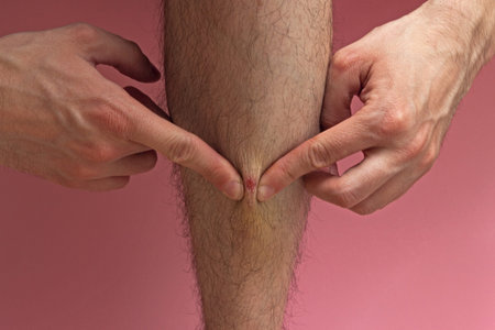 a man scratches an old wound on his leg. tear off a dried crust from a scratch, on pink background