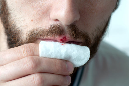 Herpes on lips of the bearded man. wound on his lip cracked and bled.
