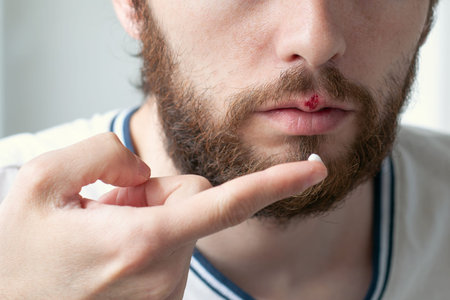 Lower part of beard man's face with herpes on his lips and hand putting cream on it