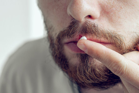Lower part of beard man's face with herpes on his lips and hand putting cream on it