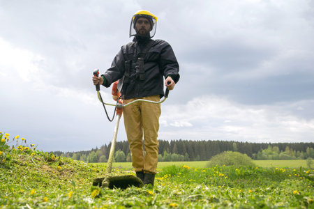 The gardener man mows the grass with yellow dandelions with a hand lawn mower. close up hands...