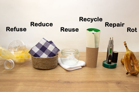 Zero Waste management, illustrated fundamental principles Refuse, reduce, recycle, repair, reuse,...