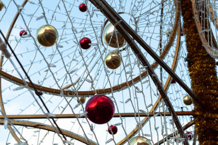 Christmas tree with natural details and christmas balls. Eco decor in interior concept. Creative christmas tree.の写真素材