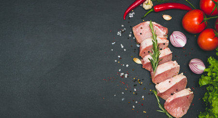 Raw juicy meat steaks ready for roasting on a black chalk board background. fillet with cherry...
