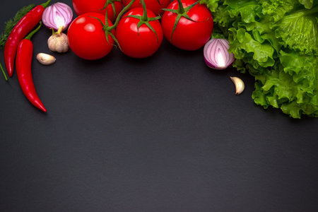 Raw organic vegetables with fresh ingredients for healthily cooking on dark vintage background, top...