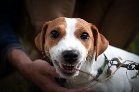 Enraged aggressive, angry dog. Grinning Jack Russell terrier with a bared fangs.
