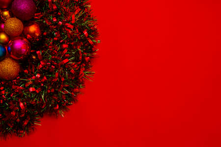 Christmas composition. christmas red background blank for text. banner. Flat lay, top view, copy spaceの写真素材