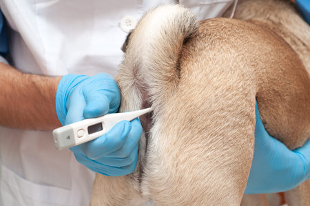 Unpleasant procedure. veterinarian is measuring body temperature of a pug dog with an electric...
