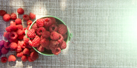 Raspberries in a mini bucket and a scattering of berries. Harvest concept with copy space