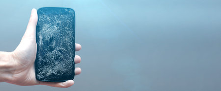 Hand holding mobile phone with broken screen on gray background. banner with copy space