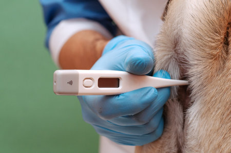 Unpleasant procedure. veterinarian is measuring body temperature of a pug dog with an electric thermometer at veterinary clinic.の写真素材