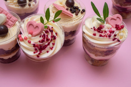 Sweet small homemade trifle dessert with custard, chocolate, nuts and fruits and decorations and...