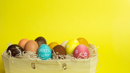 Blank wooden eggs for painting or decoupage in gift box. Easter eggs in a basket on wood table. Top...
