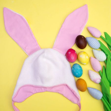 Easter background with painted eggs and colorful tulips and Easter bunny hat with ears. flat lay...