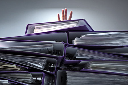 raised hands of a person who sinks behind stacks of ring binders on an office desk. concept of...