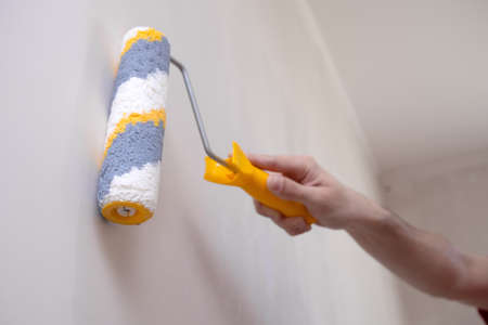 Man priming the wall with a roller with selective focus. Repair of the interior. Young male...