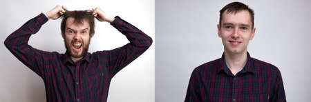 Handsome man after or before shaven. Collage of man portrait. Example of changing the face depending on the amount of hair on faceの写真素材