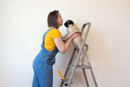 Independent single woman makes repairs in her apartment with her pet . Funny pet dog sitting on ladder.の写真素材