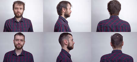 Handsome man after or before shaven. Collage of man portrait. Example of changing the face depending...