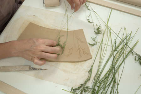 Close up ceramist hands imprinting herb on raw clay with rolling pin. Handmade, hobby art and...