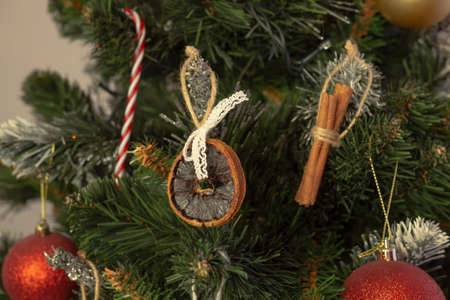 Handmade eco friendly DIY decorations for Christmas tree. Zero waste holidaysの写真素材