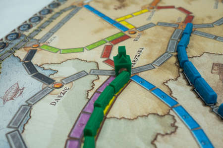 Minsk, BELARUS - November 3, 2021: Strategic board game ticket to ride with trains, trade and...