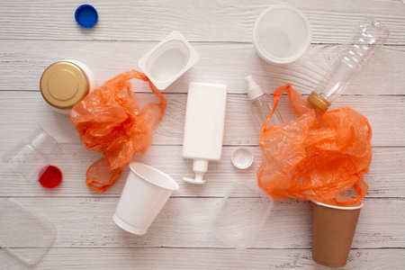 Zero waste concept refuse plastic. Green and conscious lifestyle concept. Used plastic sorting for recycling. deliberate sorting of garbage conceptの写真素材