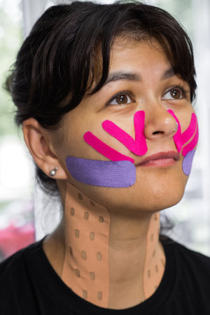 Physiotherapy of Face aesthetic taping. Portrait of woman with pasted konesiotape for rejuvenation and face tightening without surgery. Anti-wrinkle cosmetic tape.の写真素材