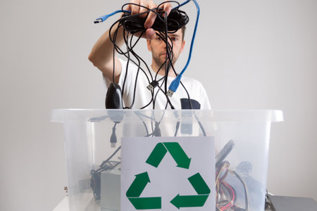 Hazardous E-Waste Recycling. Household electrical and scrapped electronic devices in recycle box....