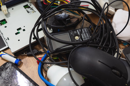 Hazardous E-Waste Recycling. Household electrical and scrapped electronic devices. broken and...