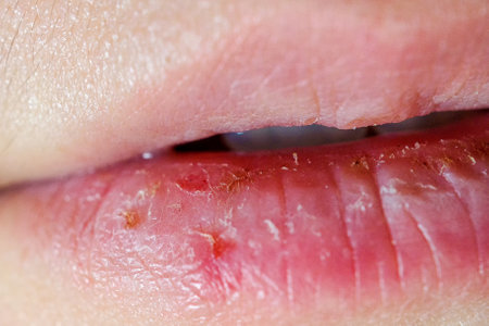 Macro lips with severely dry bleeding cracked or chapped lips. close upの写真素材