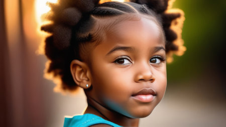 Cute child portrait. Little african american kid girl on rustic sunny nature backgroundの素材