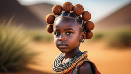 Cute child portrait. Little african american kid girl on rustic sunny ethnic background in Natural Sunlightの素材