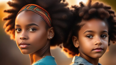 African american kids on sunny natural background. Portrait happy cute afro children. Family love and relationship sibling conceptの素材
