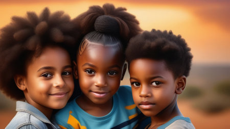 African american kids on sunny natural background. Portrait happy cute afro children. Family love and relationship sibling conceptの素材