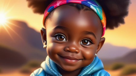 Happy child portrait. Little african american kid girl smiling on rustic sunny nature backgroundの素材