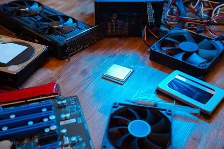 Top view of modern computer parts put together. Building personal gaming and workstation pc concept. hardware components.の写真素材