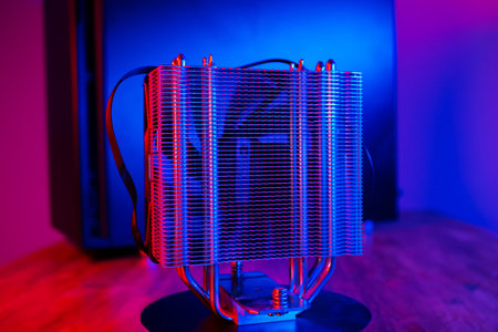 Air cooling system with fan close up. PC case on background in neon light with smoke. Rendering and gaming computer hardware components.の写真素材