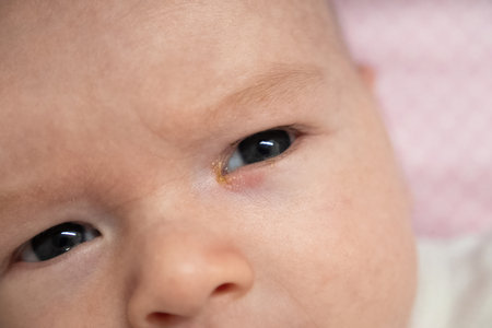 Baby eyes with eye mucus in selective focus. Disease tear ducts tons of newborns close up. Nasolacrimal duct obstruction in baby it is a blockage of the lacrimal drainage system.の写真素材