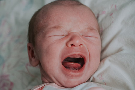 Little two month old newborn baby boy is crying. Screaming hungry infant face portrait close up. Baby experiences pain during colic in the abdomenの写真素材