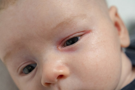 Baby eyes with eye mucus in selective focus. Disease tear ducts tons of newborns close up....