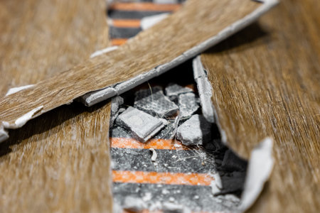 closeup torn flooring revealing foil heating mat. cracked foil patch and exposed thermal element. textured laminate surface with broken backing. diagnostic inspectionの写真素材