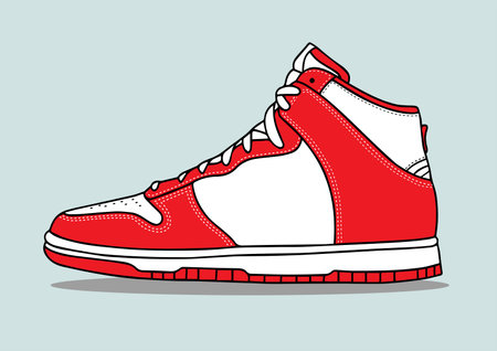 Red sneaker on blue background. Sport shoes. Vector illustration.のイラスト素材