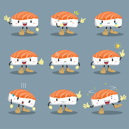 Set of cute sushi character with various poses and expressions. Vector illustrationのイラスト素材