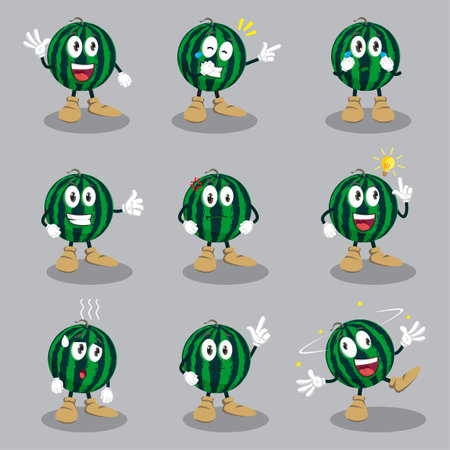 Watermelon cartoon character with various poses and expressions. Vector illustration.のイラスト素材