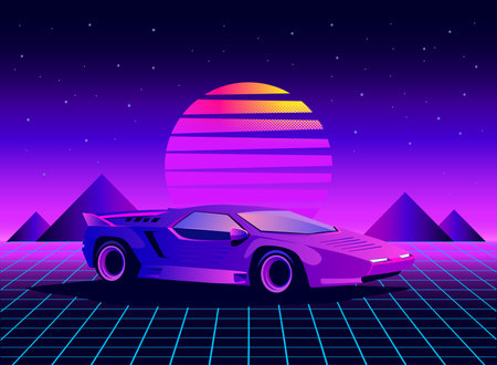 Retro futuristic background with a sports car. 80s style. Vector illustrationのイラスト素材