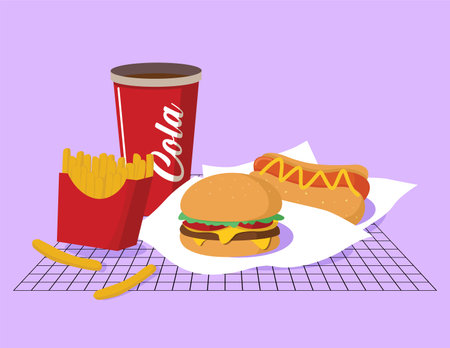 fast food hamburger and french fries over purple background, colorful design. vector illustrationのイラスト素材