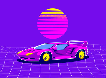 Sport car on abstract background. Vector illustration in retro 80s style.のイラスト素材